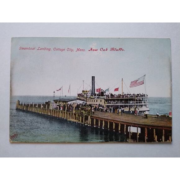 Ship Boat Postcard Steamboat Landing Cottage City Mass Oak Bluffs Flags People - Picture 3 of 3